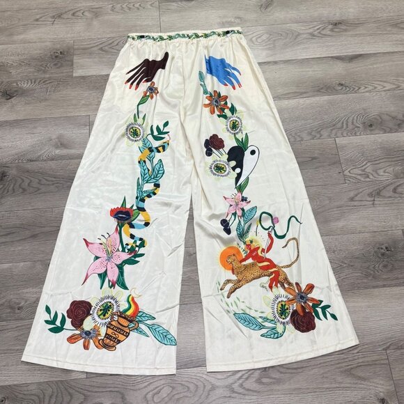 Summer Vibe 2 Piece Set Size 3XL Satin Chic Art Short Sleeve Shirt Wide Leg Pant - Picture 8 of 16